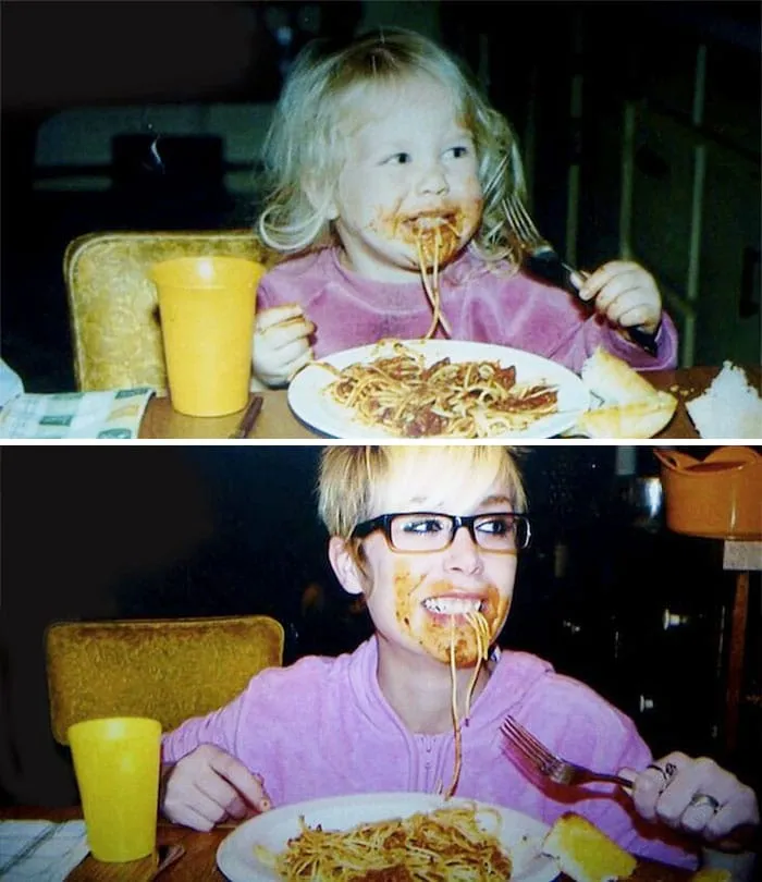 Creative childhood recreation photo before after 3